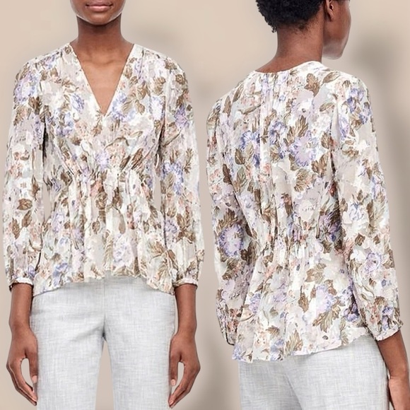 Rebecca Taylor ‘Penelope’ Purple Floral Print Top with Gathered Waist Size 4 - Picture 1 of 16